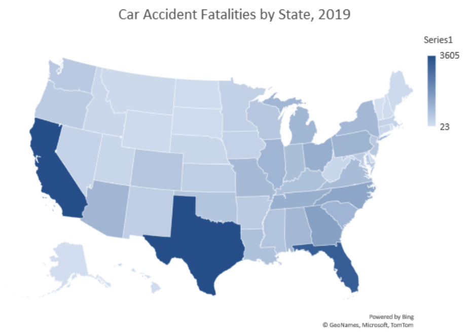 Car accident fatalities by state 2019 graph of US
