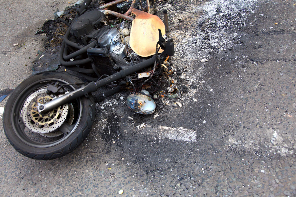 Remains of a burnt out motorcycle from a motorcycle accident in tampa florida