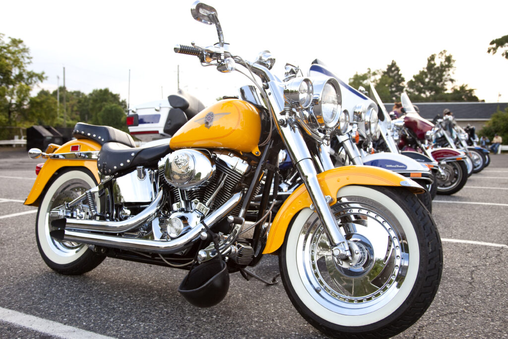 Custom Harley Davidson Fat Boy motorcycle, parked on "Bike Night"