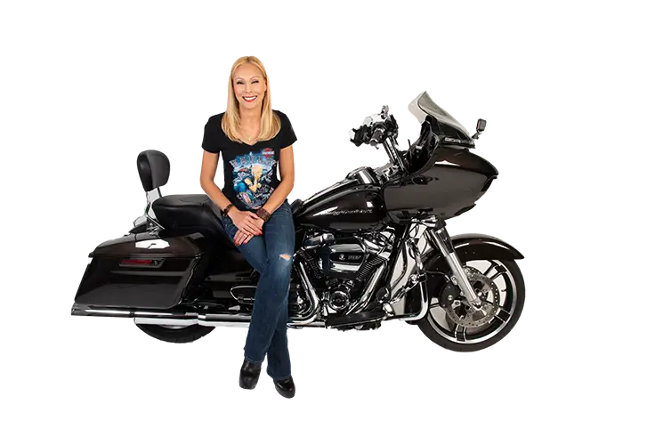 fran sitting on a motorcycle