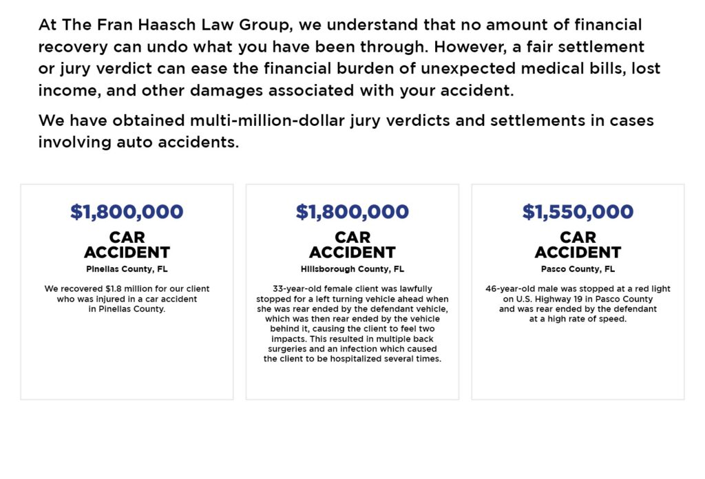 Car Accident Case Results obtained by The Fran Haasch Law Group with text