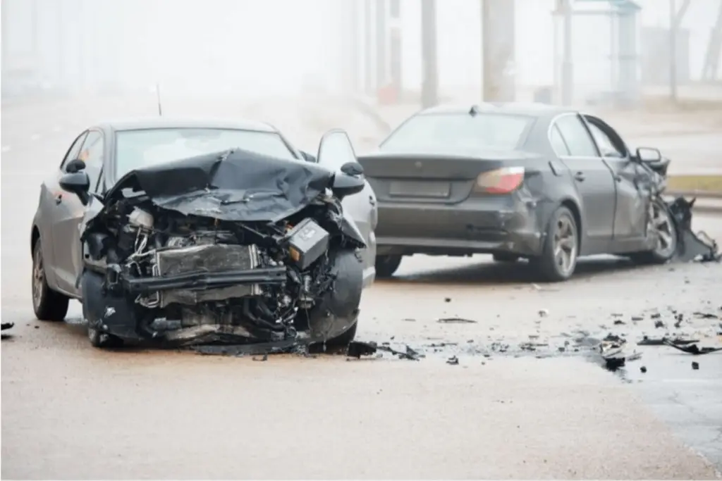 car accident with two dark cars with damage to the front