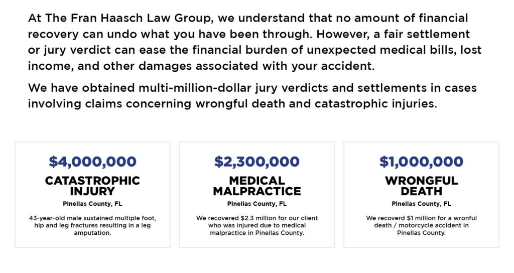 Fran Haasch Law Group case results graphic.