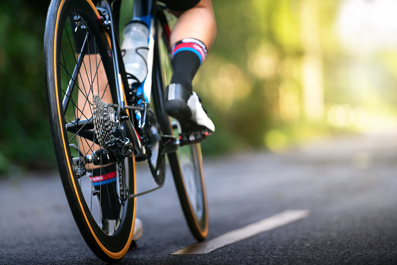 bottom of the bicycle shown riding on the road