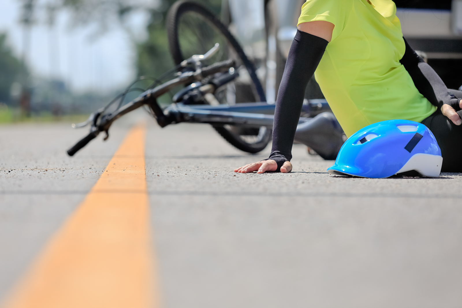 bicycle on the ground after a bicycle crash, view from the ground