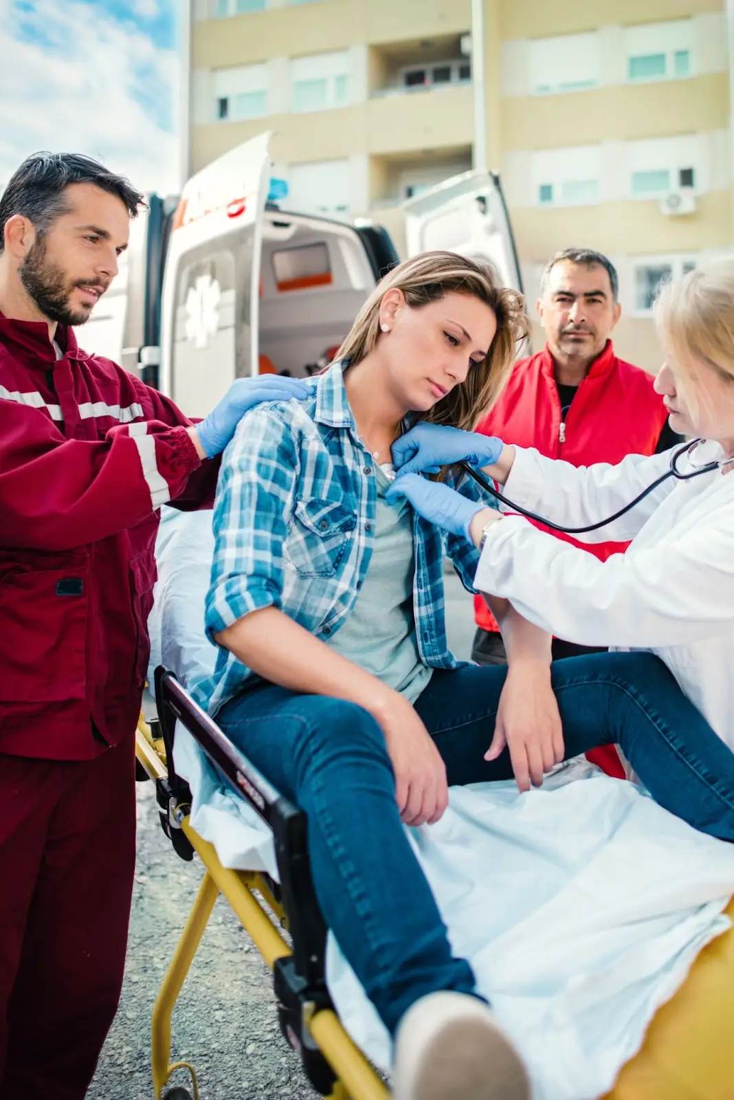A woman is examined by EMS personnel outside an ambulance after suffering a personal injury in Pinellas Park, FL