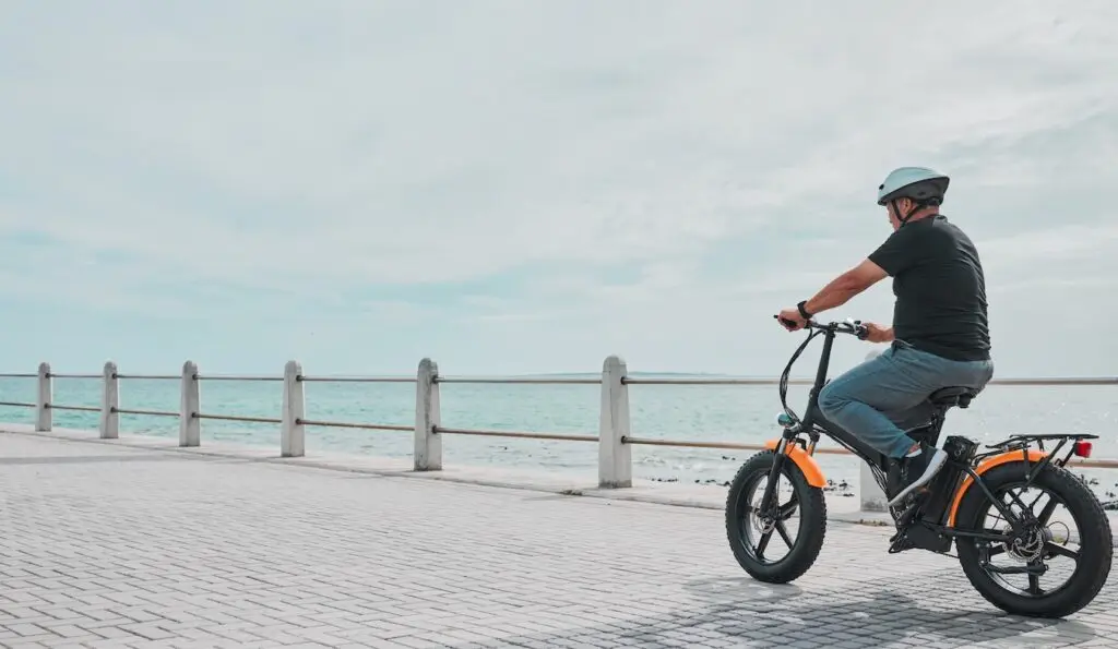 A man riding his electric bicycle by the beach.