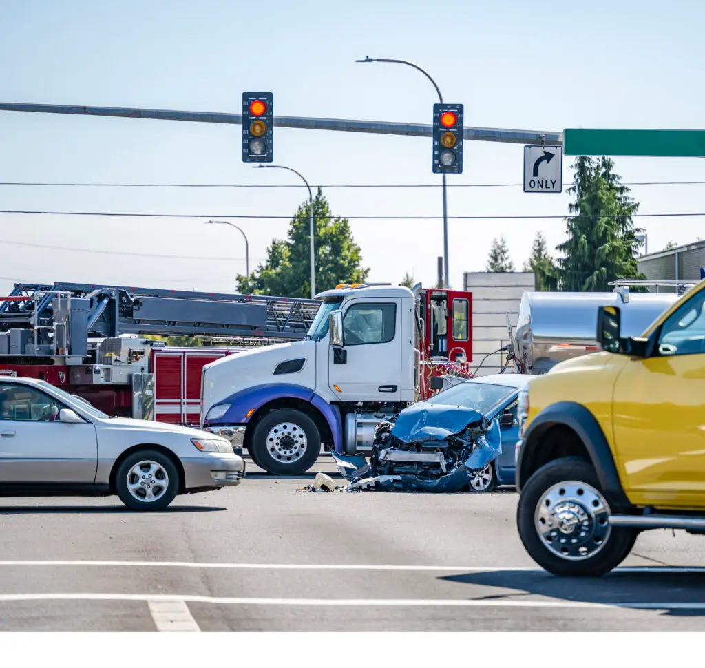 An accident at a busy intersection involving semi-trucks and passenger vehicles. 